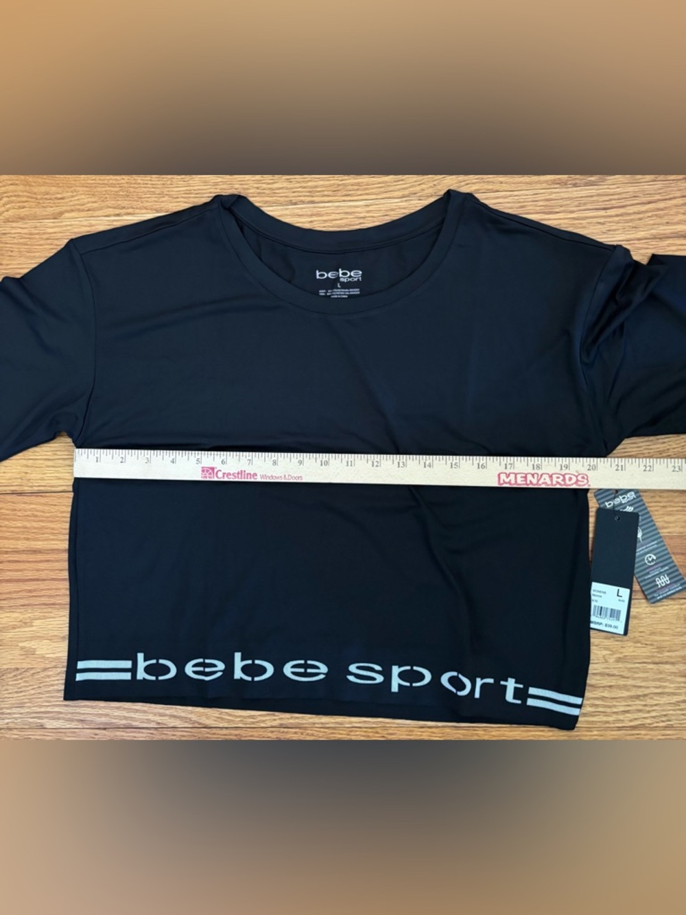 bebe sport Athletic Tee Women’s Large Black /White Cropped Shirt Logo Casual New - Picture 5 of 6